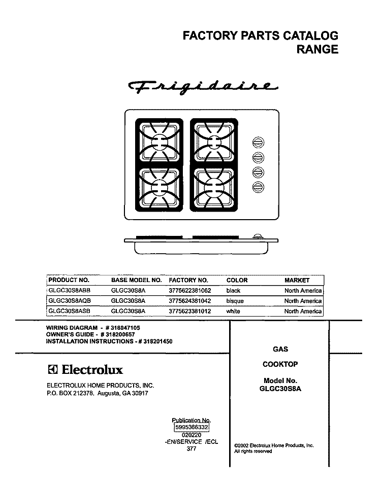 COVER Diagram and Parts List for GLGC30S8AQB  Frigidaire Cooktop