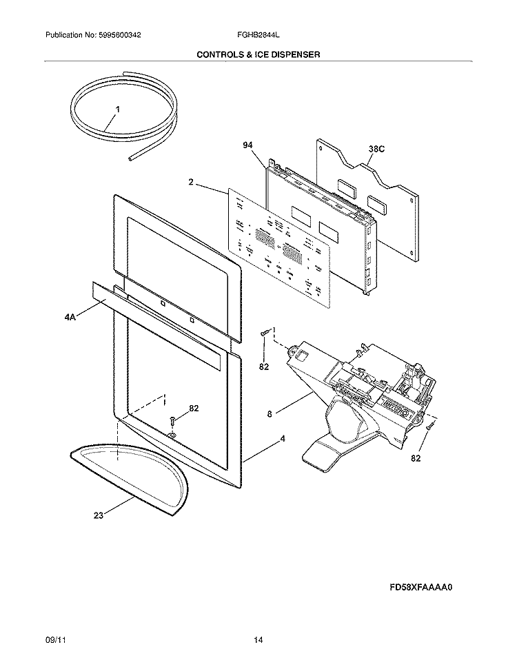 CONTROLS & ICE DISPENSER Diagram and Parts List for FGHB2844LE7  Frigidaire Refrigerator