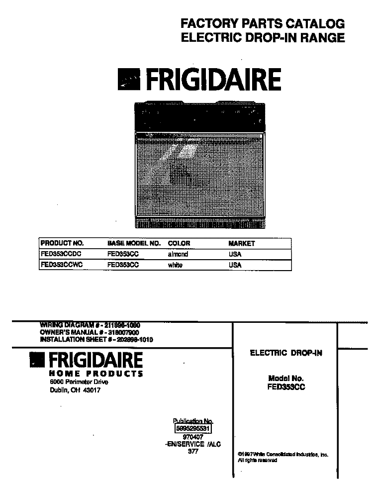 COVER Diagram and Parts List for FED353CCWC  Frigidaire Range