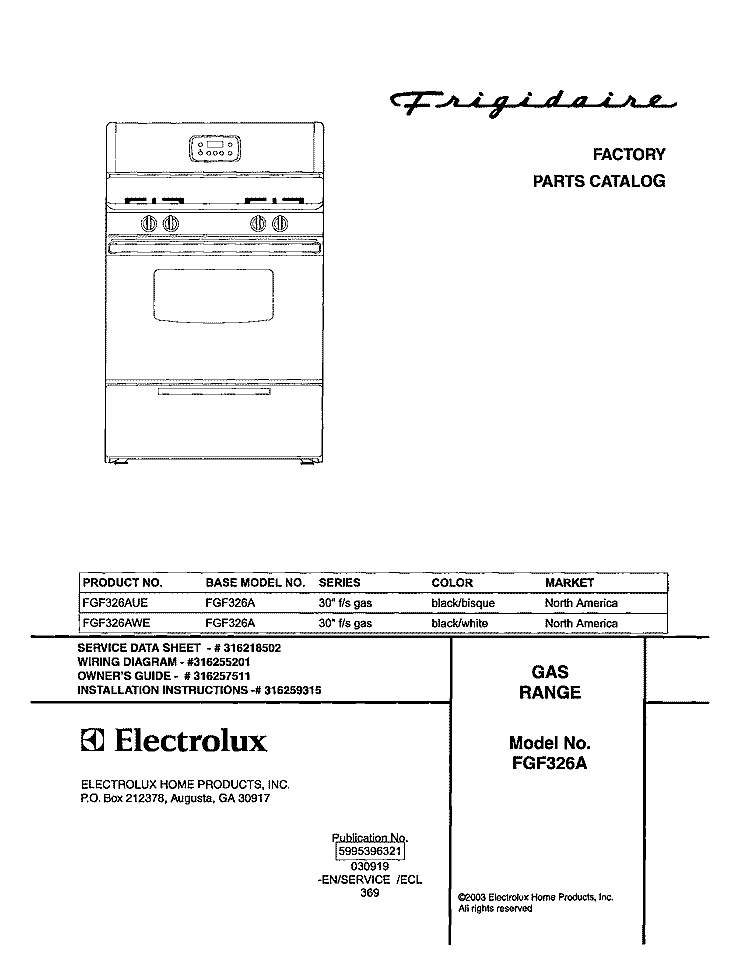 COVER Diagram and Parts List for FGF326AWE  Frigidaire Range