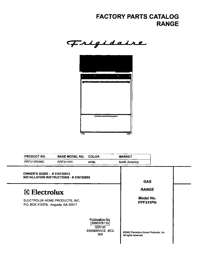 COVER Diagram and Parts List for FPF311PHWC  Frigidaire Range