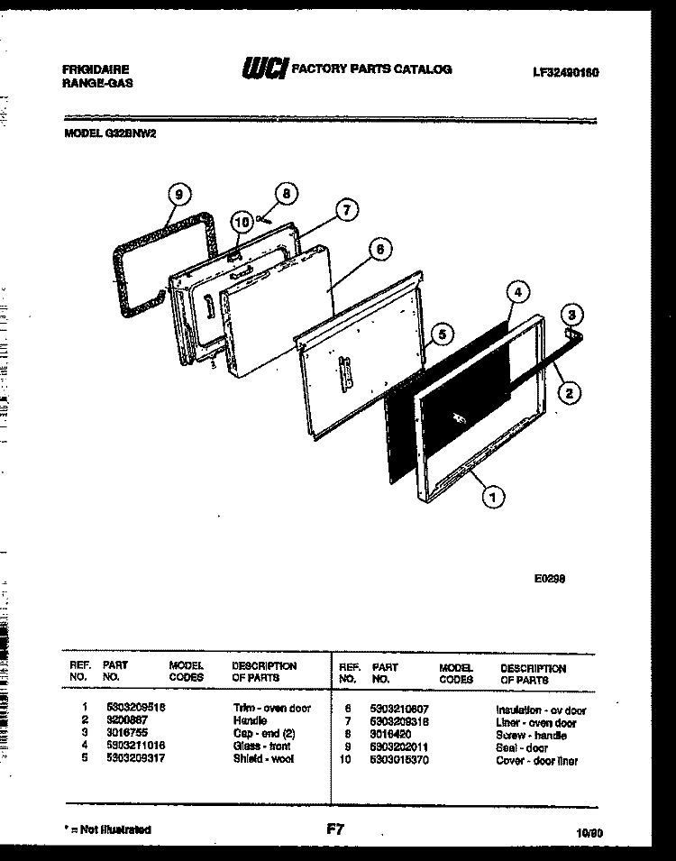 DOOR PARTS Diagram and Parts List for G32BNL2  Frigidaire Range