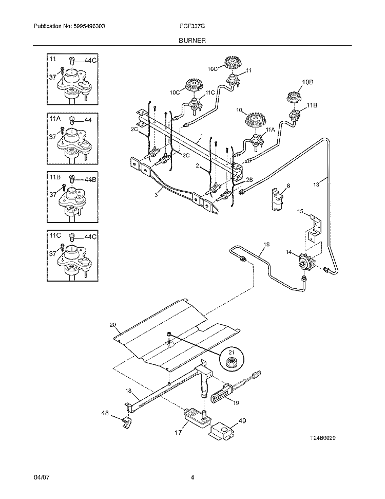 BURNER Diagram and Parts List for FGF337GSA  Frigidaire Range