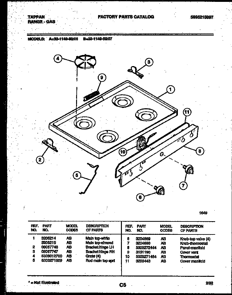 COOKTOP PARTS Diagram and Parts List for 30-1149-00-07  Tappan Range