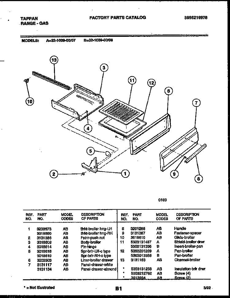 BROILER DRAWER PARTS Diagram and Parts List for 32-1009-23-08  Tappan Range