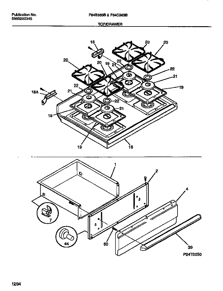 TOP / DRAWER Diagram and Parts List for F64C363BSA  Frigidaire Range
