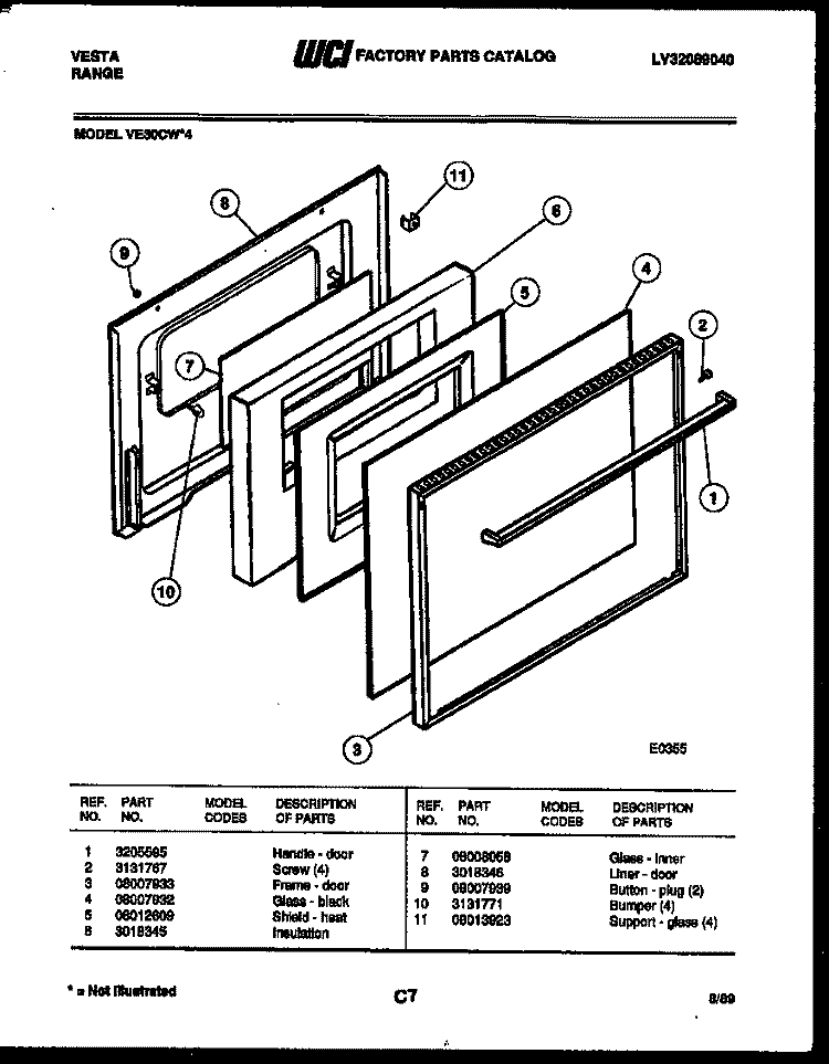 DOOR PARTS Diagram and Parts List for VE30CW4  Tappan Range