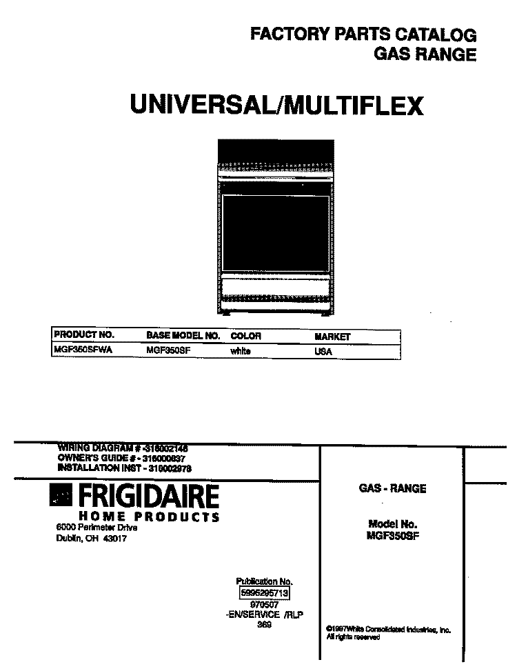 COVER Diagram and Parts List for MGF350SFWA  Frigidaire Range