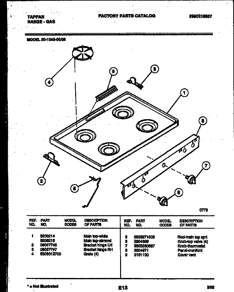 COOKTOP PARTS Diagram and Parts List for 30-1049-00-06  Tappan Range