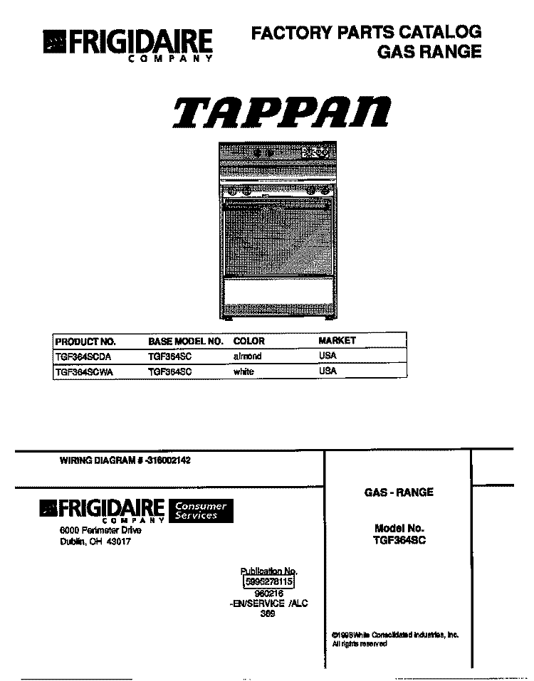 COVER Diagram and Parts List for TGF364SCDA  Tappan Range