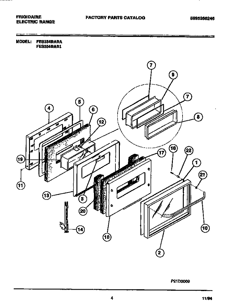 DOOR Diagram and Parts List for FES354BABC  Frigidaire Range