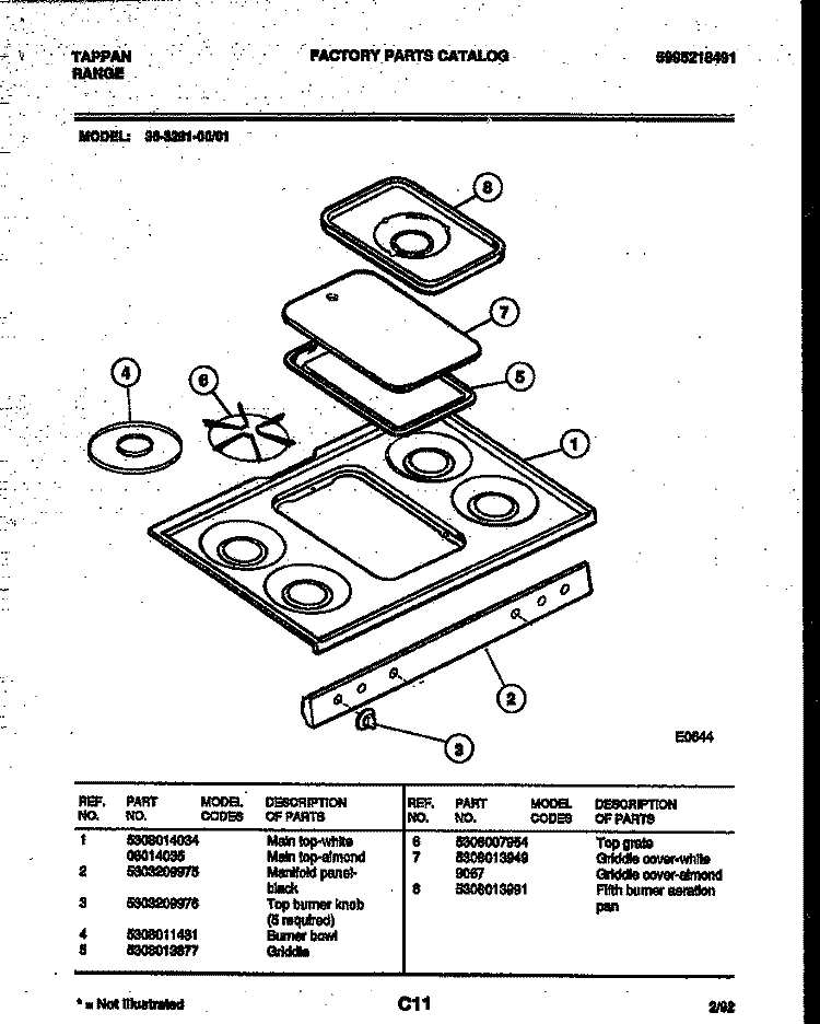 COOKTOP PARTS Diagram and Parts List for 36-3281-00-01  Tappan Range