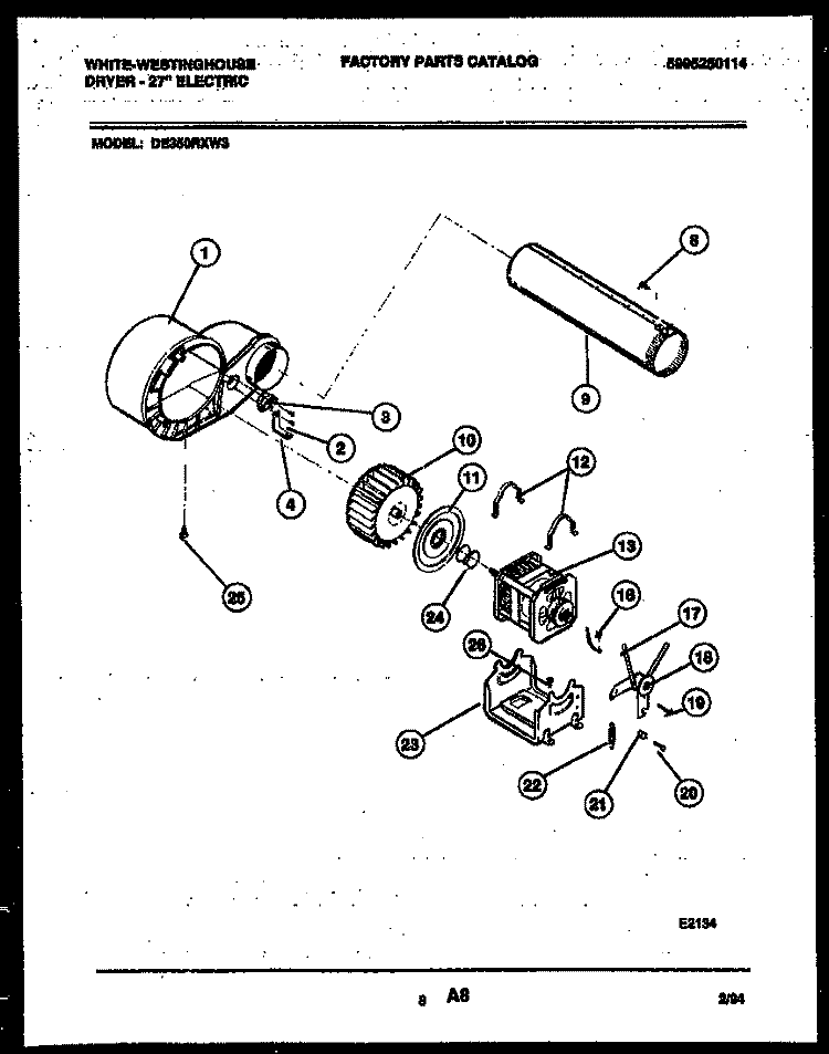 BLOWER AND DRIVE PARTS Diagram and Parts List for DE350RXD3  Frigidaire Dryer
