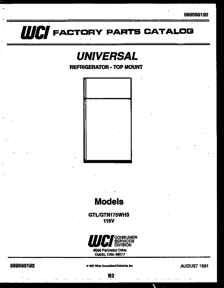 COVER Diagram and Parts List for GTL175WY3  Uni Refrigerator