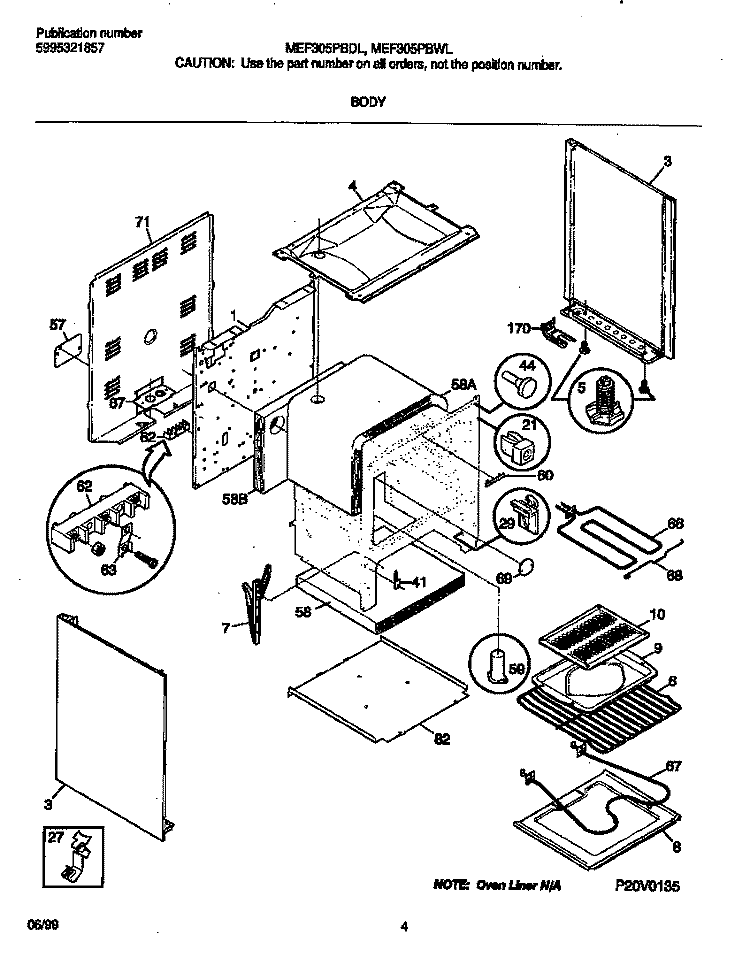 BODY Diagram and Parts List for MEF305PBDL  Frigidaire Range