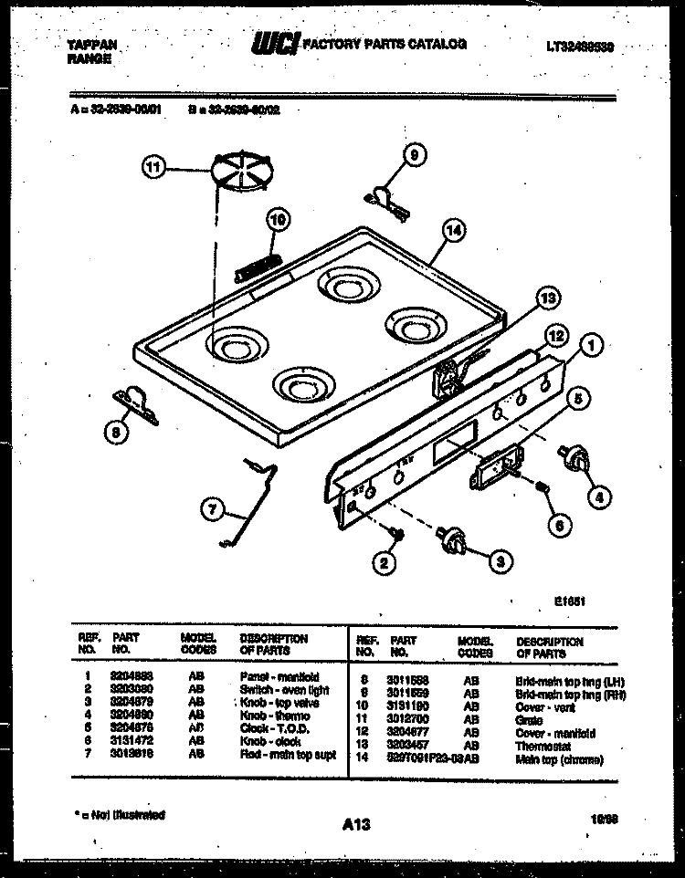 COOKTOP PARTS Diagram and Parts List for 32-2639-32-01  Tappan Range