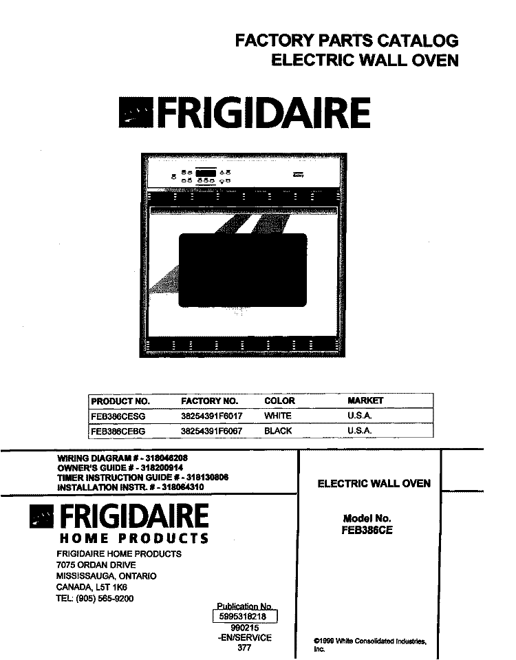 COVER Diagram and Parts List for FEB386CEBG  Frigidaire Wall Oven