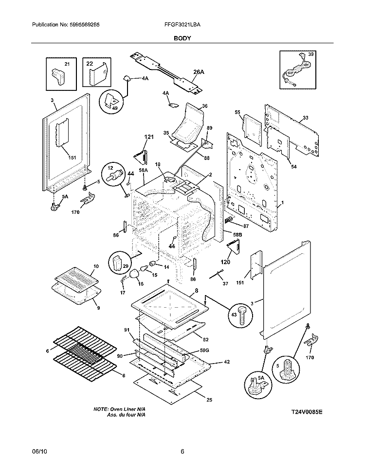 BODY Diagram and Parts List for FFGF3021LBA  Frigidaire Range