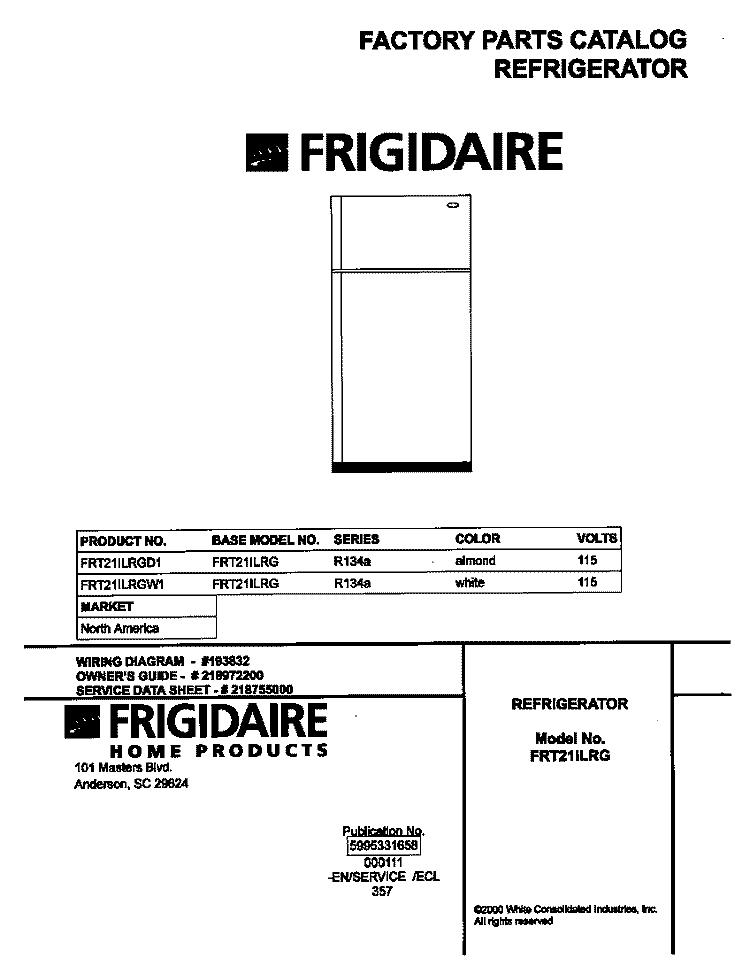 COVER Diagram and Parts List for FRT21ILRGW1  Frigidaire Refrigerator