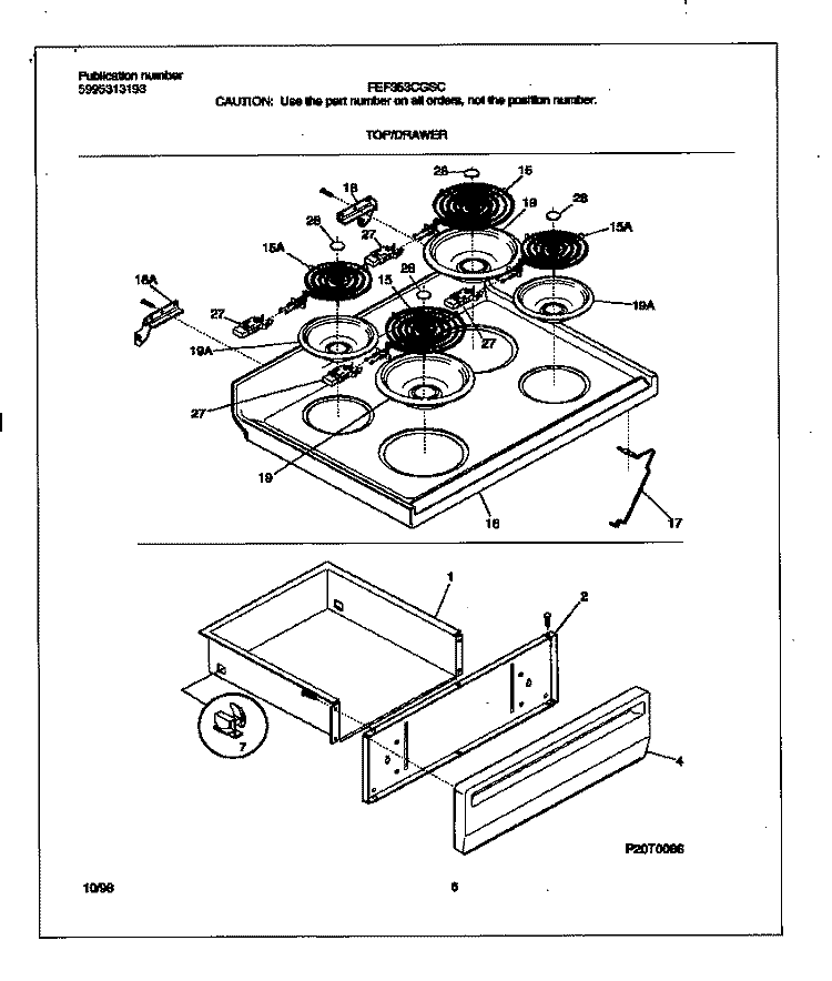 TOP / DRAWER Diagram and Parts List for FEF353CGSC  Frigidaire Range