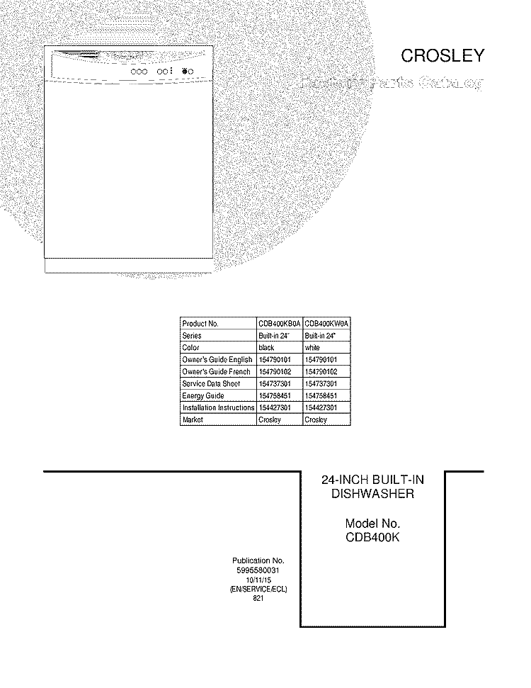 COVER Diagram and Parts List for CDB400KW0A  Crosley Dishwasher