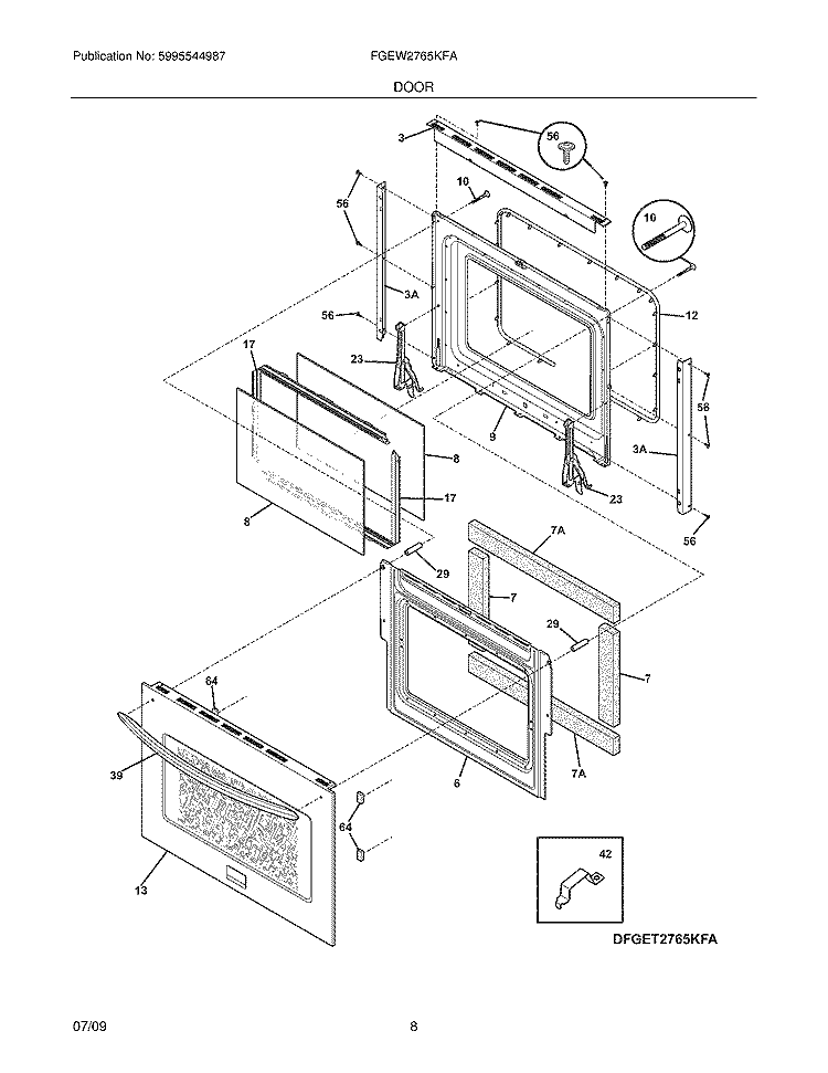 DOOR Diagram and Parts List for FGEW2765KFA  Frigidaire Wall Oven