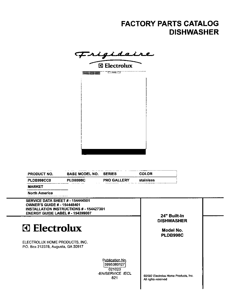 COVER Diagram and Parts List for PLDB998CC0  Frigidaire Dishwasher