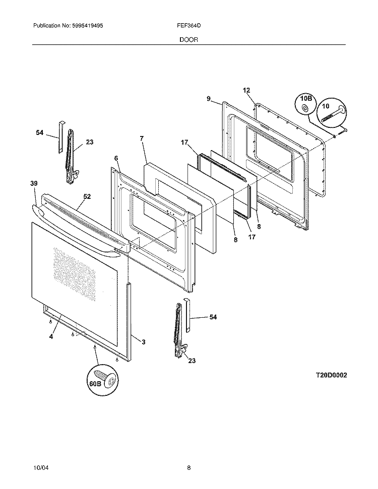 DOOR Diagram and Parts List for FEF364DSA  Frigidaire Range