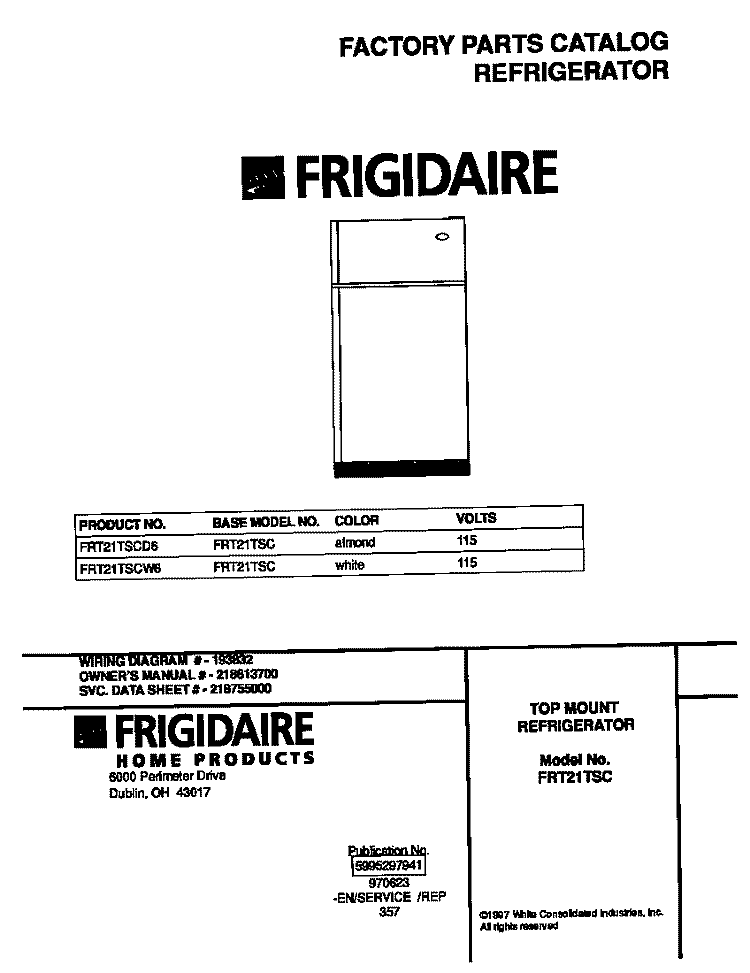 COVER Diagram and Parts List for FRT21TSCW6  Frigidaire Refrigerator