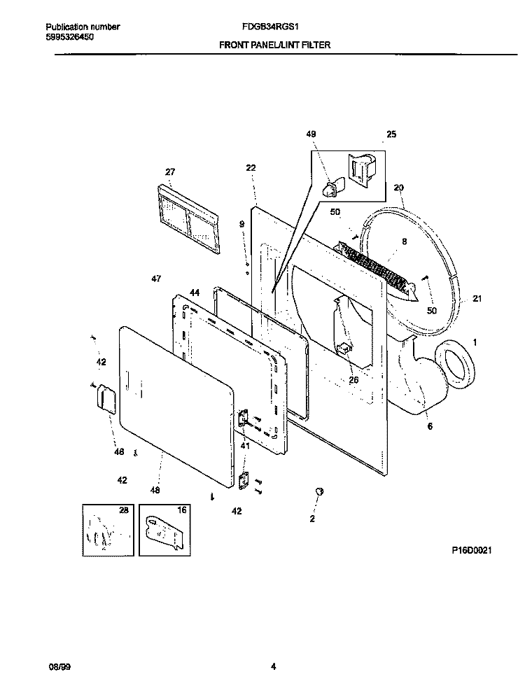 P16D0021 FRNT PNL, DOOR Diagram and Parts List for FDGB34RGS1  Frigidaire Dryer