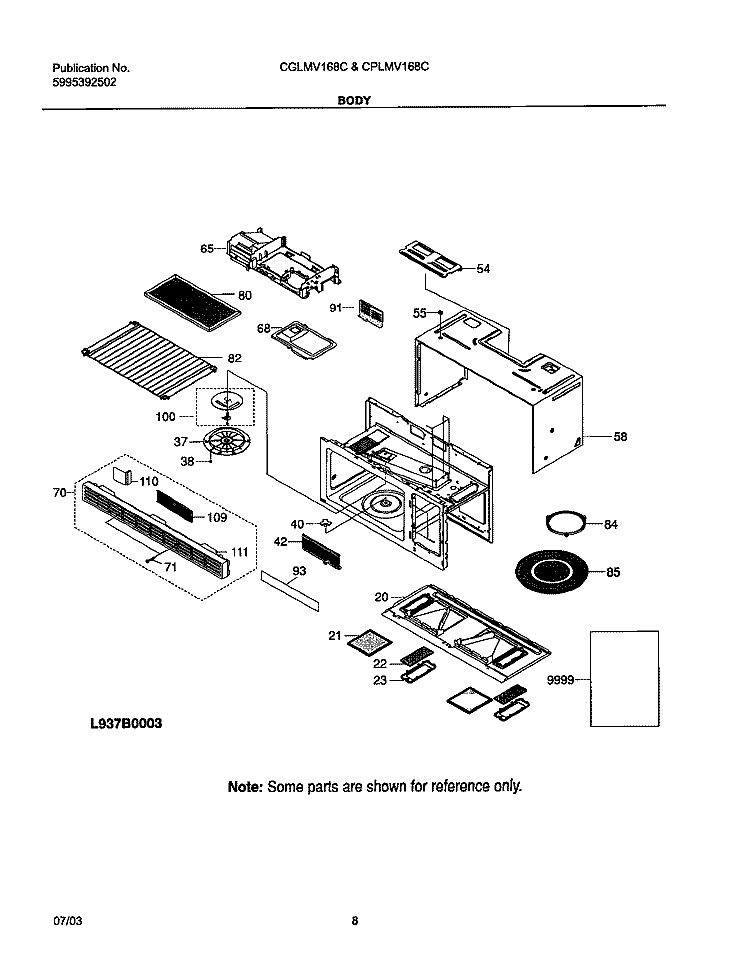 BODY Diagram and Parts List for CGLMV168CQ1  Frigidaire Microwave