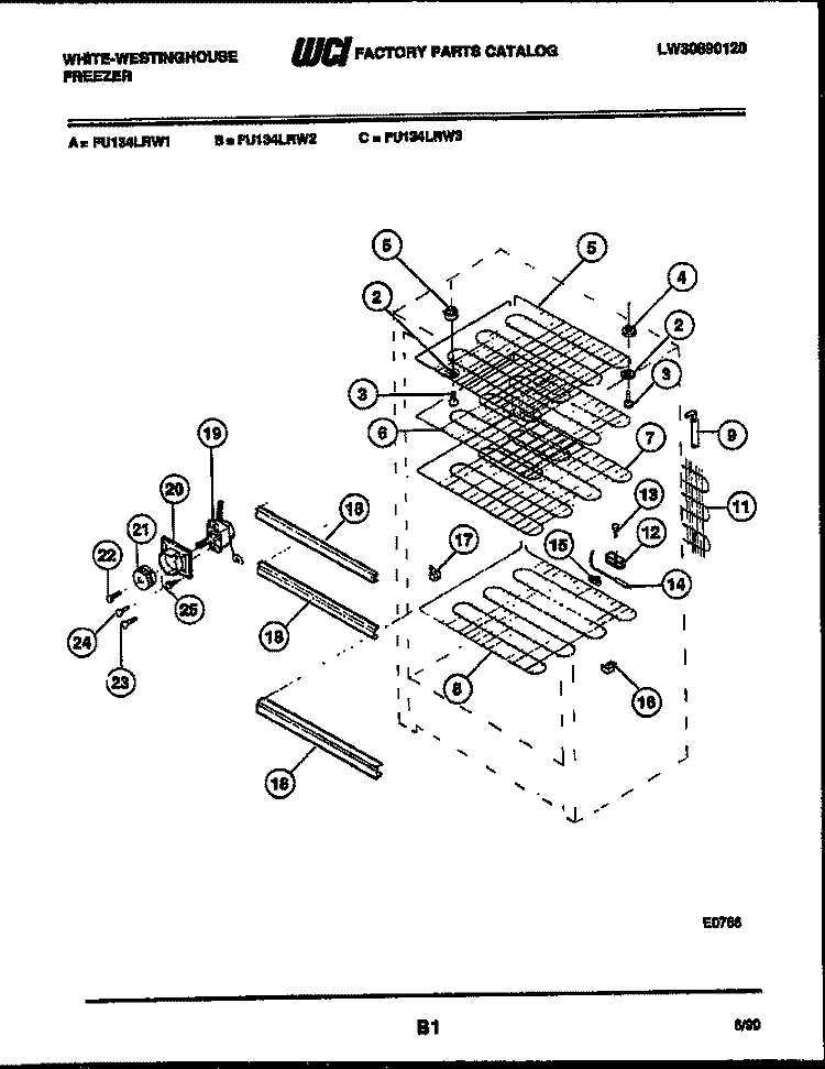 SHELVES AND SUPPORTS Diagram and Parts List for FU134LRW3  Frigidaire Freezer