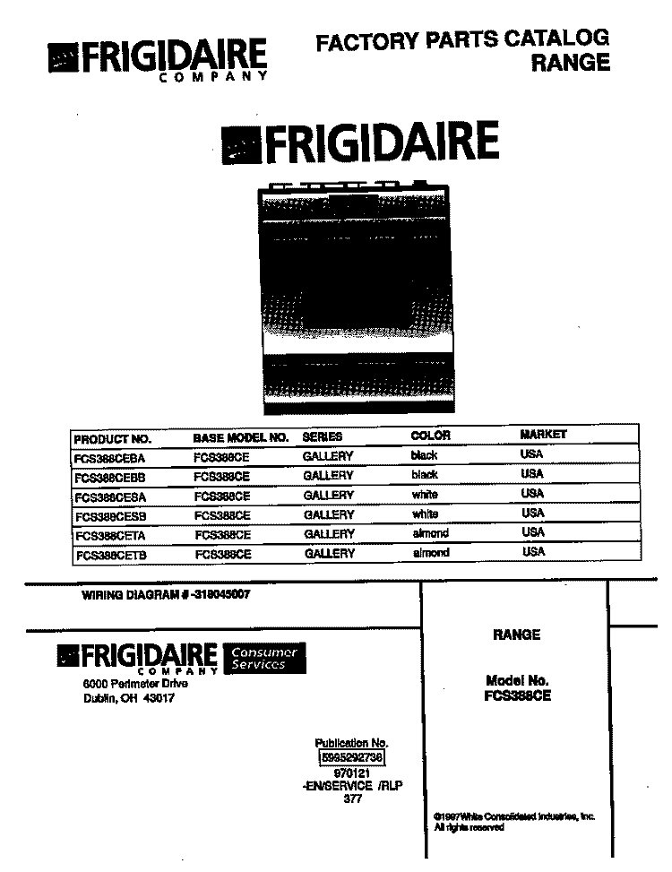 COVER Diagram and Parts List for FCS388CEBB  Frigidaire Range