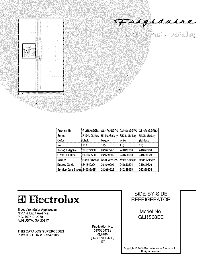 COVER Diagram and Parts List for GLHS68EEW2  Frigidaire Refrigerator