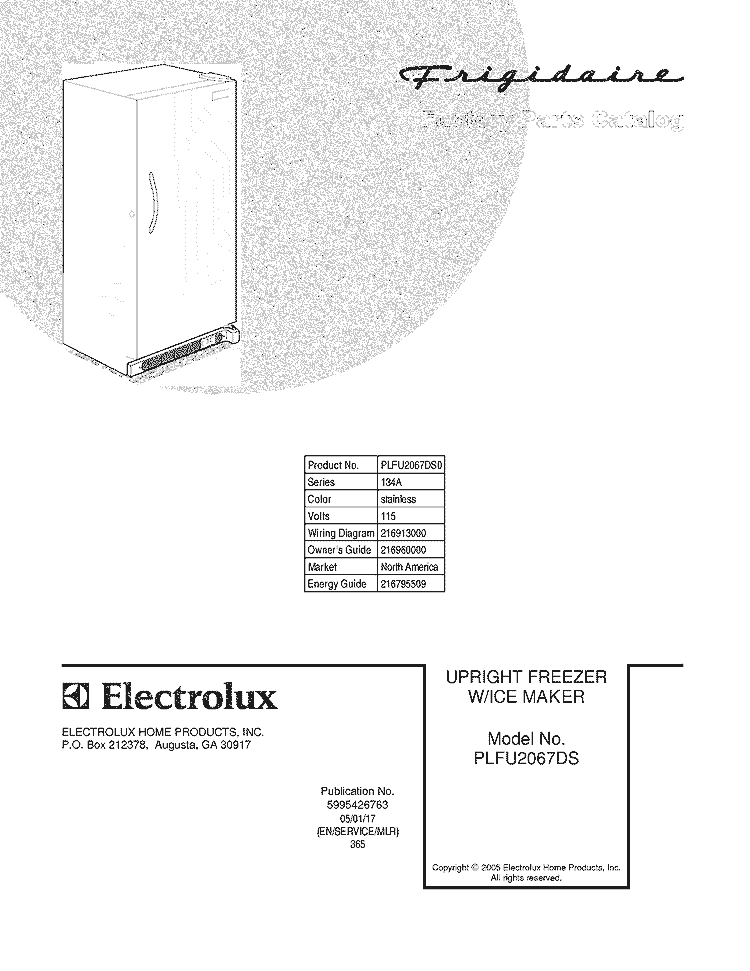 COVER Diagram and Parts List for PLFU2067DS0  Frigidaire Freezer