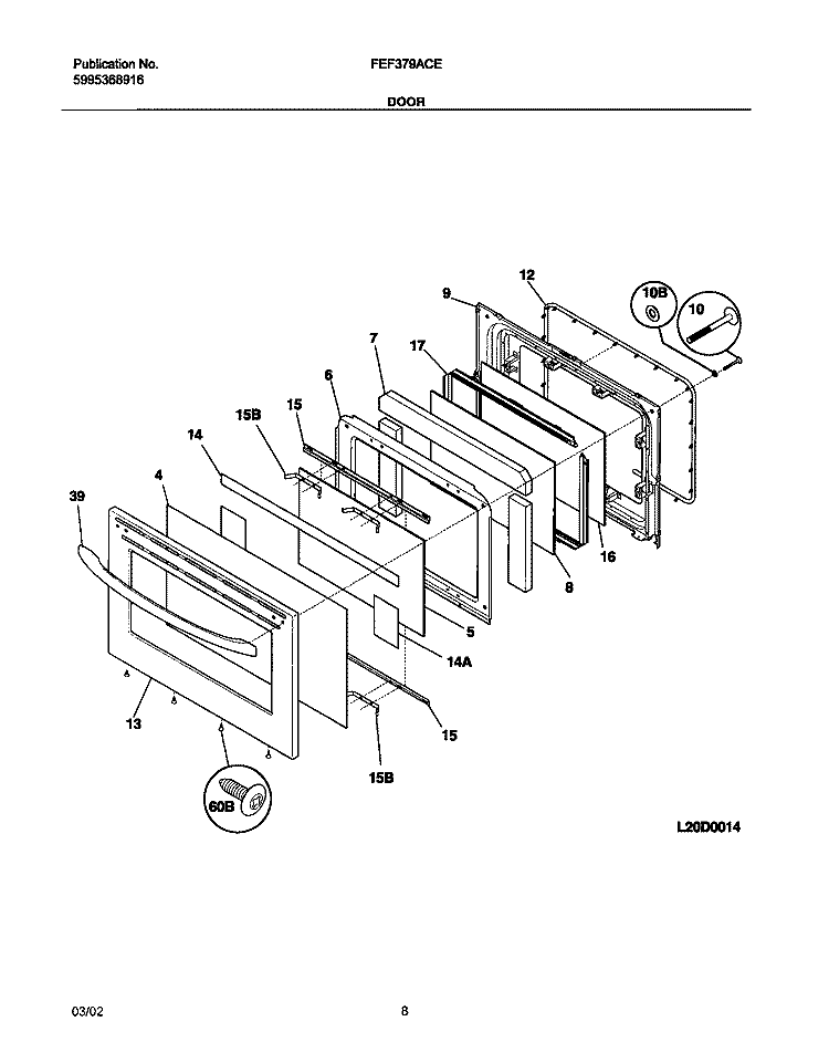 DOOR Diagram and Parts List for FEF379ACE  Frigidaire Range