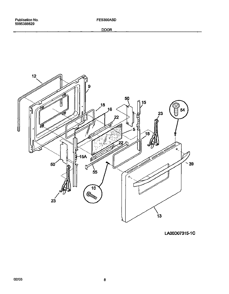 DOOR Diagram and Parts List for FES300ASD  Frigidaire Range