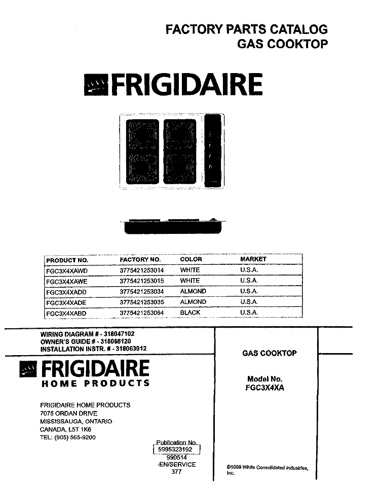 COVER Diagram and Parts List for FGC3X4XADD  Frigidaire Cooktop