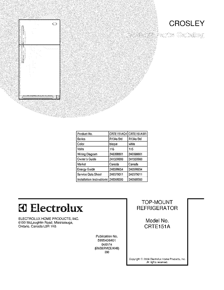 COVER Diagram and Parts List for CRTE151AQ1  Crosley Refrigerator