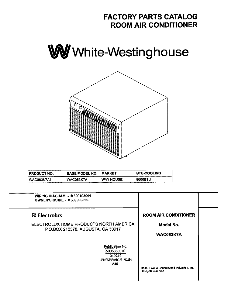 COVER Diagram and Parts List for WAC083K7A1  Westinghouse Air Conditioner