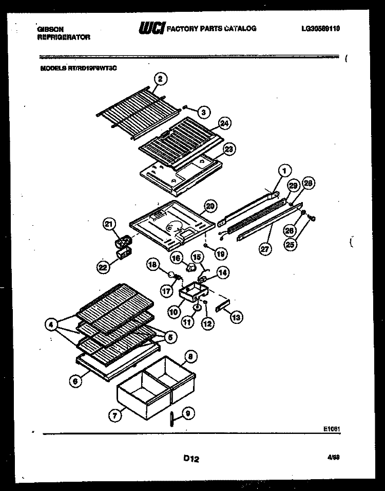 SHELVES AND SUPPORTS Diagram and Parts List for RD19F8WT3C  Gibson Refrigerator