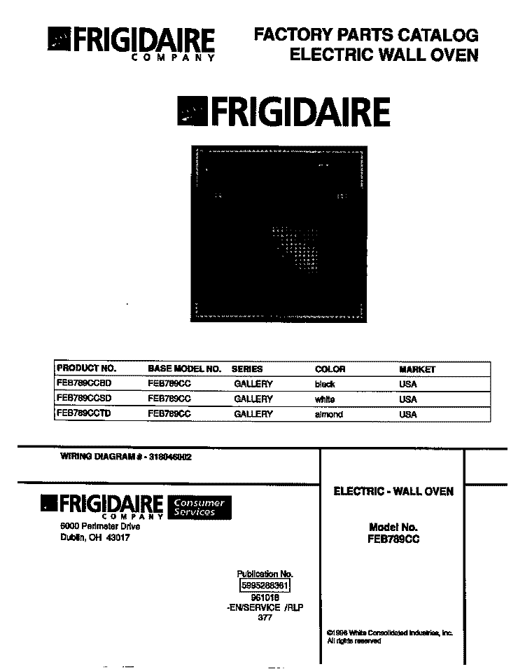 COVER Diagram and Parts List for FEB789CCTD  Frigidaire Wall Oven