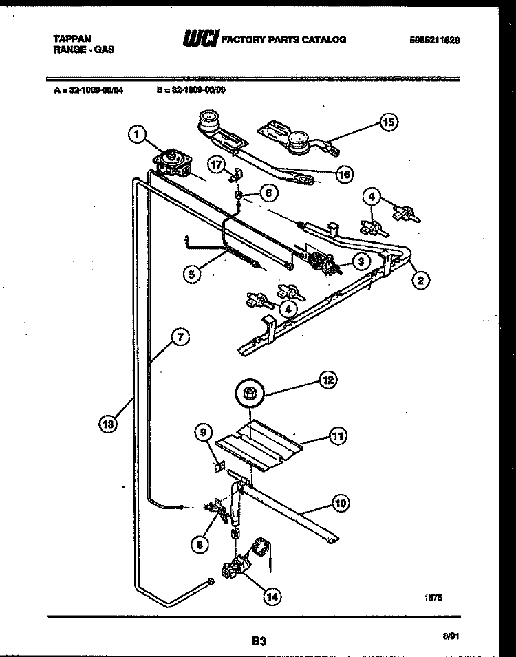 BURNER, MANIFOLD AND GAS CONTROL Diagram and Parts List for 32-1009-00-05  Tappan Range
