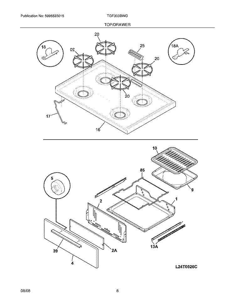 TOP/DRAWER Diagram and Parts List for TGF303BWG  Tappan Range