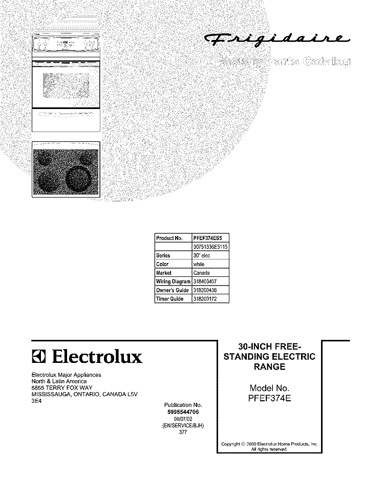 COVER Diagram and Parts List for PFEF374ES5  Frigidaire Wall Oven