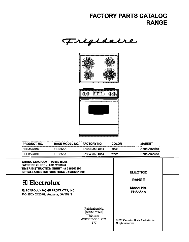 COVER Diagram and Parts List for FES355ASD  Frigidaire Range