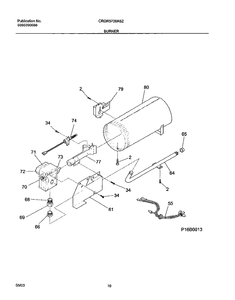 BURNER Diagram and Parts List for CRGR5700AS2  Frigidaire Dryer