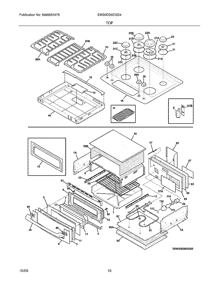 TOP/DRAWER Diagram and Parts List for EW30DS6CGS4  Electrolux Range