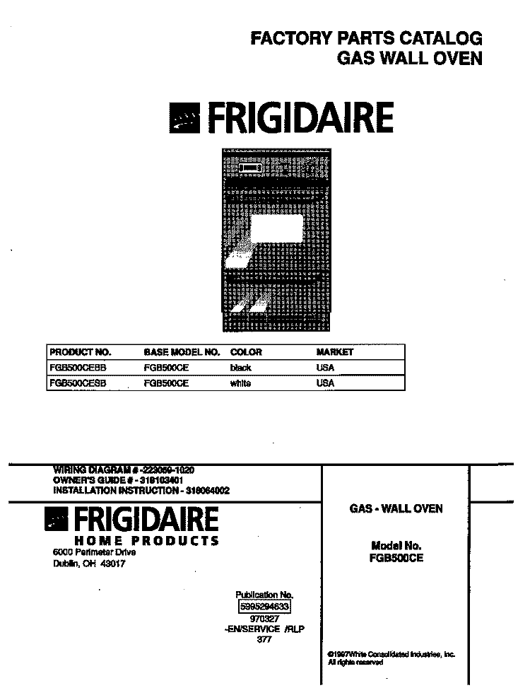 COVER Diagram and Parts List for FGB500CESB  Frigidaire Wall Oven