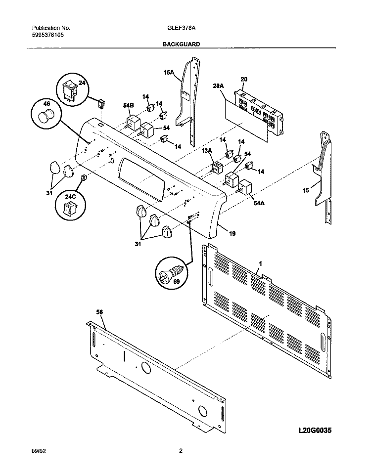 BACKGUARD Diagram and Parts List for GLEF378AQF  Frigidaire Range